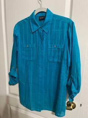 Additions by Chico's Size 1 Teal Metallic Woven Roll Tab Sleeve Blouse